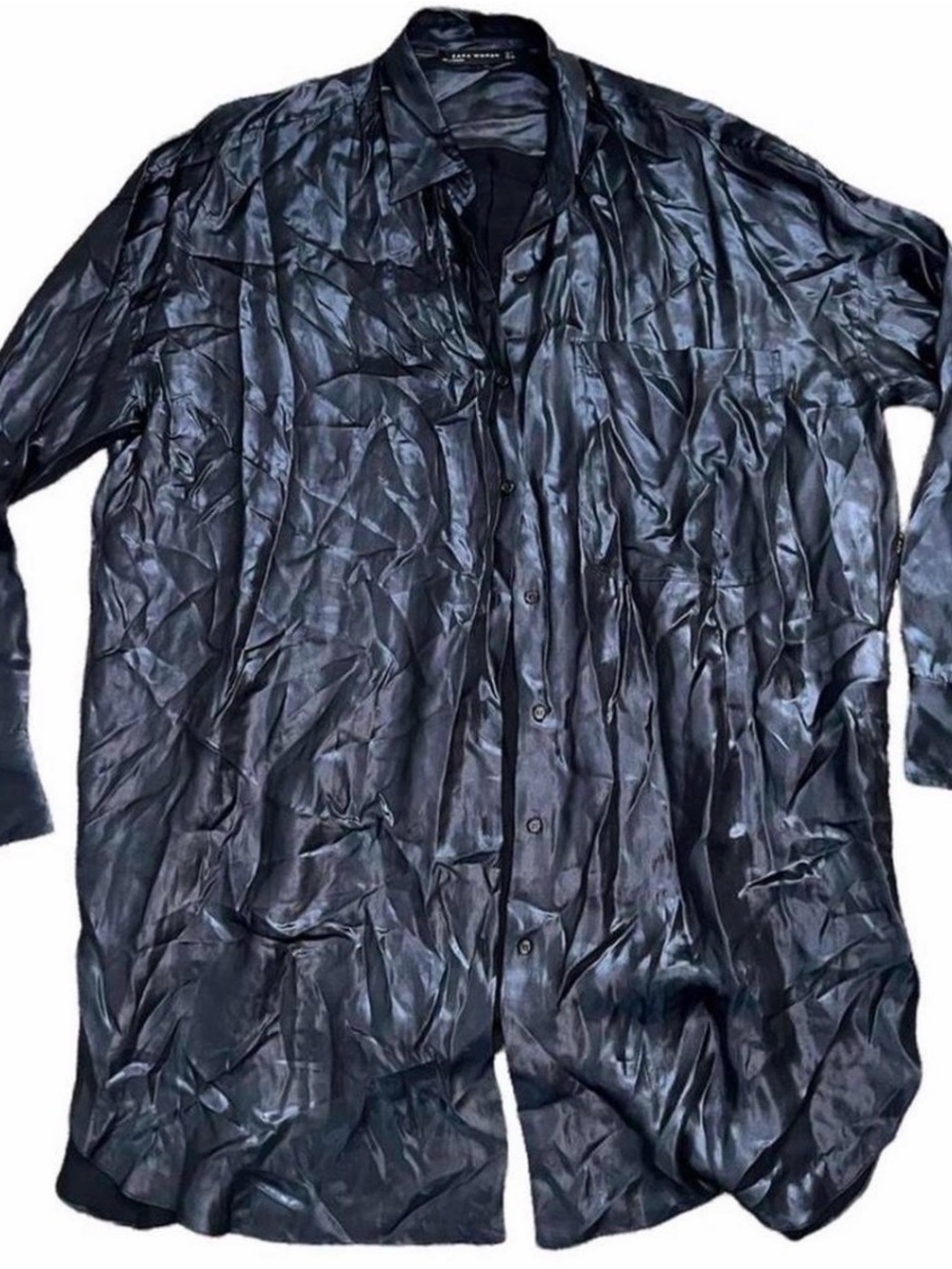 Zara Black Satin Longline Button-Down Shirt